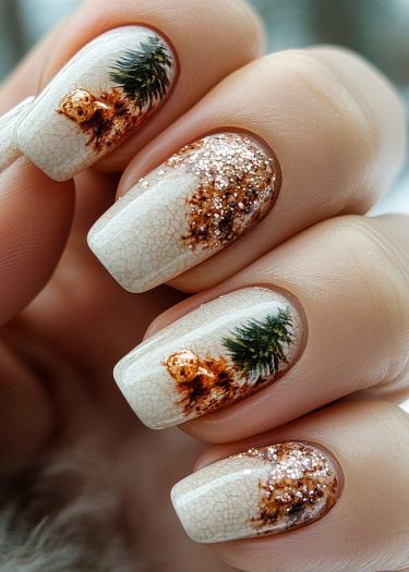 Luxurious winter nail art featuring detailed trees and gold glitter on cream-colored nails.