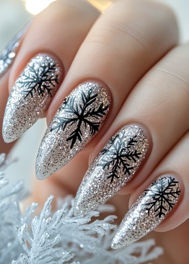 Elegant stiletto winter nails with glitter and black snowflake designs against a frosted background.