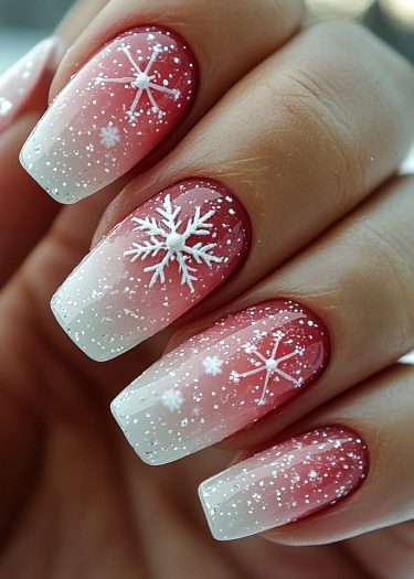 Elegant winter ombre nails with snowflakes, perfect for festive holiday celebrations.