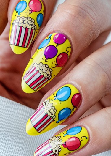 Vibrant yellow nail art featuring colorful balloons and popcorn for a festive party theme.