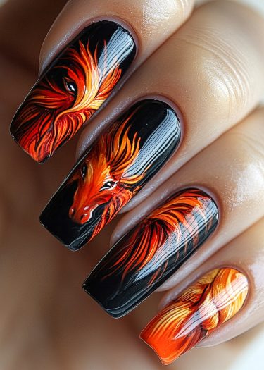 Intricate fiery fox nail art on glossy black nails showcases stunning craftsmanship and vibrant colors.