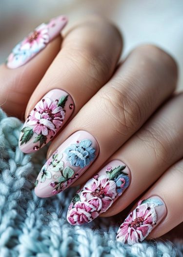 Exquisite floral almond nail art with vibrant designs on a soft pink background.