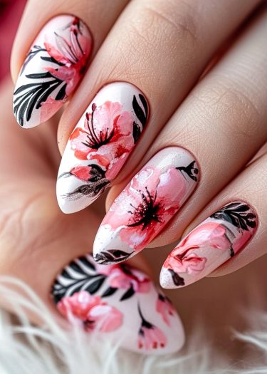 Elegant floral almond nail art with intricate pink and black designs on a soft white base.