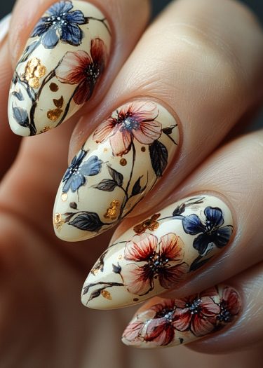 Elegant floral almond nail art with intricate designs and golden accents on a beige base.