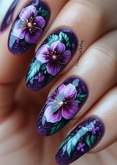 Vibrant floral almond nail art with intricate purple and pink designs for elegant manicures.