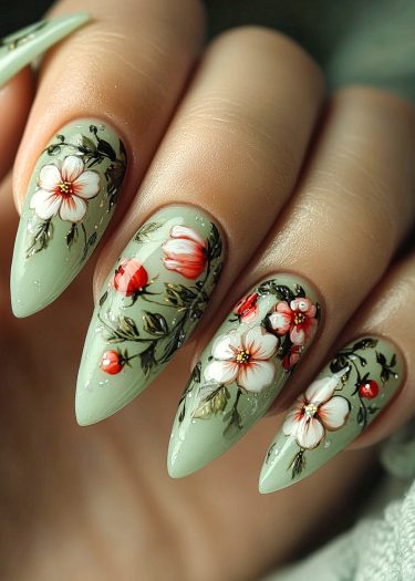 Elegant floral nail art on almond-shaped nails with soft green and vibrant accents.