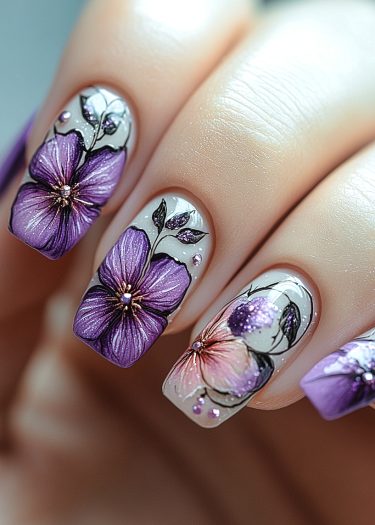 Elegant floral nail art with rhinestones, showcasing intricate designs in vibrant purple and pink hues.