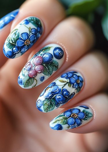 Elegant floral and berry nail art design featuring vibrant blue, green, and purple colors.