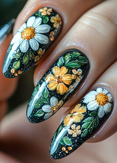 Exquisite black floral nail art featuring daisies and orange flowers with sparkling gems.