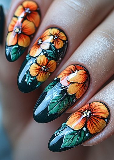 Vibrant floral nail art on glossy black nails with intricate designs and shimmering accents.