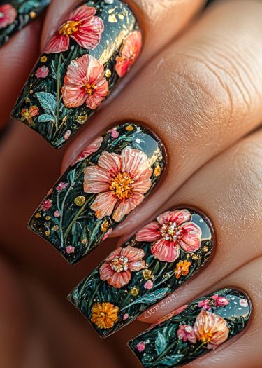 Intricate floral nail art on a dark background featuring vibrant pink, orange, and gold details.