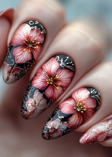 Stunning floral stiletto nails with pink cherry blossoms and gold accents on a glossy black base.