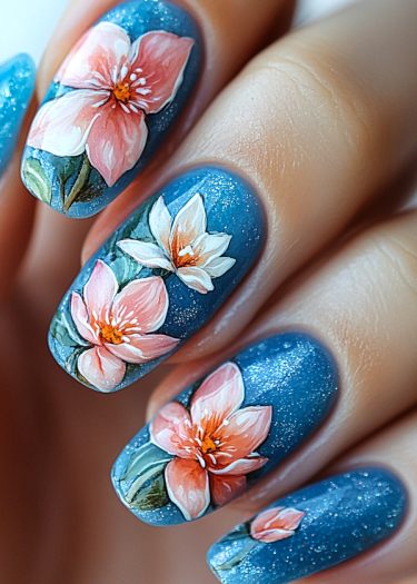 Elegant floral nail art on vibrant blue glittery base, featuring detailed blossoms and leaves.