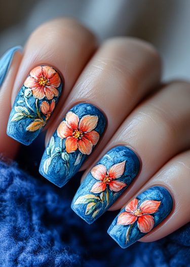 Vibrant floral nail art on blue background showcases intricate, hand-painted designs with elegance.