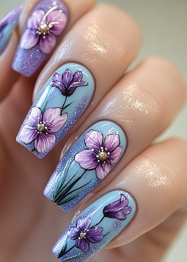 Beautiful floral nail art on pastel blue nails with glitter accents and intricate designs.