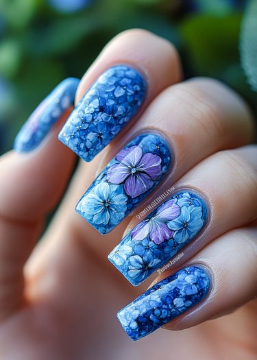 Beautiful floral blue and purple nail art featuring hydrangeas on long, manicured nails.