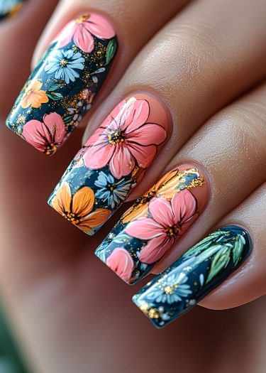 Vibrant floral coffin nail art with intricate pink and blue designs and luxurious gold accents.