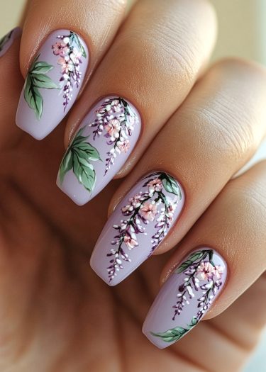 Elegant lavender floral nail art featuring intricate blossoms and lush green leaves.