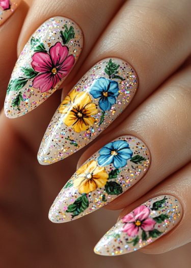 Elegant floral nail art with vibrant designs, glitter, and almond-shaped tips for a chic look.