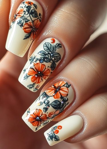 Elegant floral nail art design with orange flowers, dark green accents, and sparkling rhinestones.