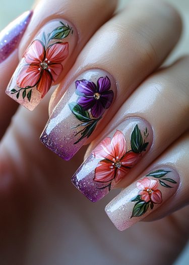 Stunning floral nail art with glittery ombré effect and intricate designs on almond-shaped nails.