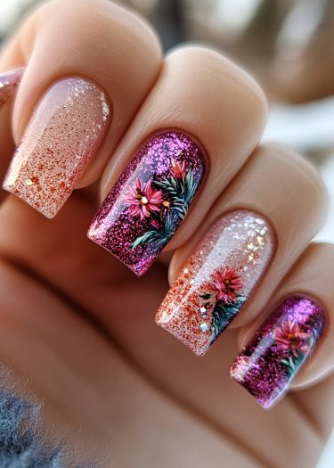 Elegant floral glitter nail art with a stunning pinkish-red gradient design.