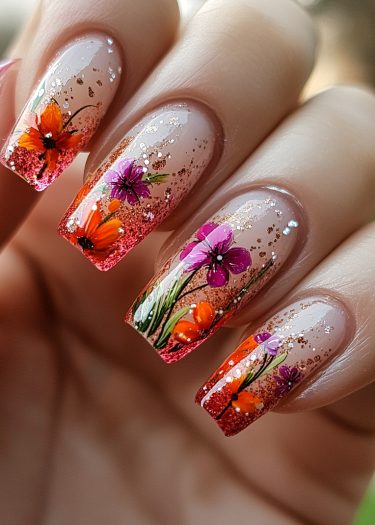 Floral glitter nail art featuring vibrant flowers and shimmering rose gold accents for an elegant look.