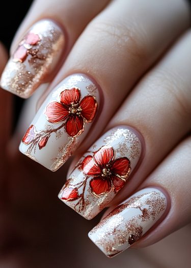 Elegant floral nail art with gold accents and red flowers on chic white nails.