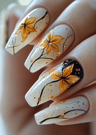 Elegant floral gold nail art with dazzling designs on glossy white background.