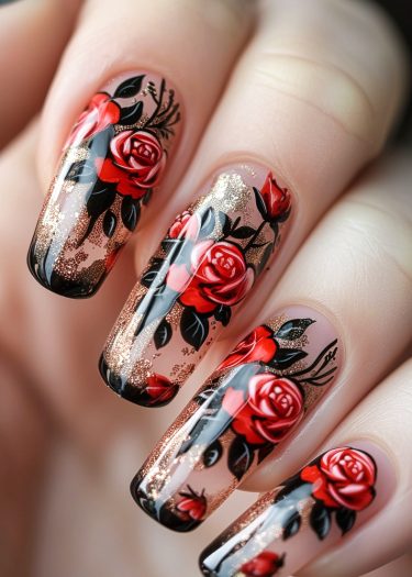 Stunning red rose nail art with gold glitter for a romantic and elegant look.