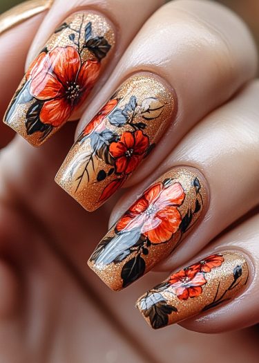 Vibrant floral nail art with orange flowers and a glittery golden base for elegant nails.