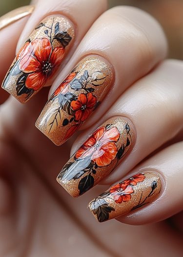 Elegant floral nail art featuring shimmering gold, red blossoms, and intricate green details.