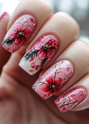 Intricate floral gradient nail art with vibrant pink flowers and shimmering glitter accents.