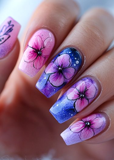 Stunning floral gradient nail art with vibrant colors and intricate designs for elegant manicures.