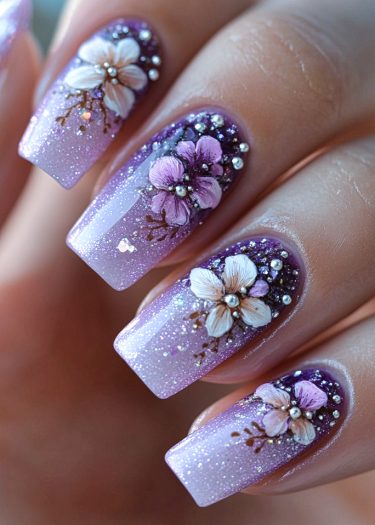 Elegant floral gradient nail art with rhinestones and intricate designs in lilac shades.