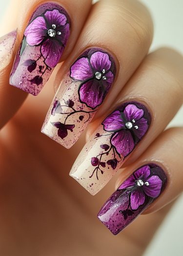 Elegant floral gradient nail art with purple tones and shimmering rhinestones for a stunning look.