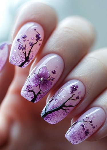 Elegant cherry blossom nail art on translucent pink nails with glitter accents.