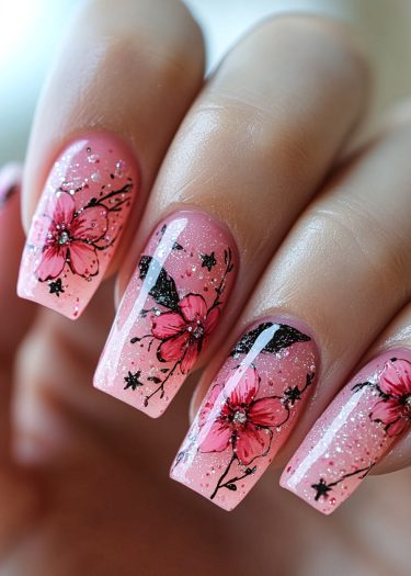 Intricate floral gradient nail art design with pink flowers and glitter on long square nails.