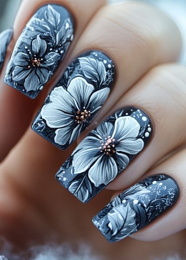 Elegant navy blue floral nail art with intricate gray flowers and bronze accents.