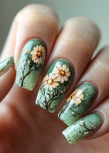 Elegant floral green nail art with intricate daisies and branches for a sophisticated look.