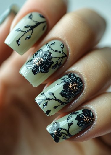 Elegant floral nail art on green base, featuring intricate black designs with metallic accents.