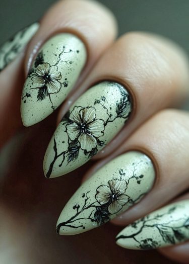 Elegant floral nail art in pale olive green on almond-shaped nails with intricate designs.