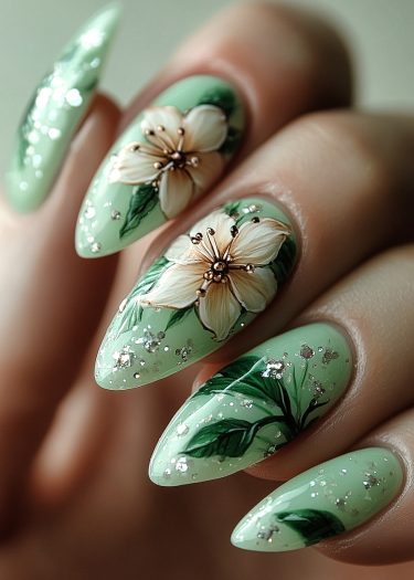 Elegant floral nail art on pastel green almond-shaped nails with glitter accents and intricate details.