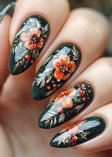 Elegant floral nail art on deep green nails with vibrant flowers and glossy droplets.