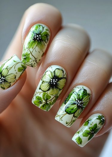 Elegant floral green nail art with intricate designs and glossy finish on manicured nails.