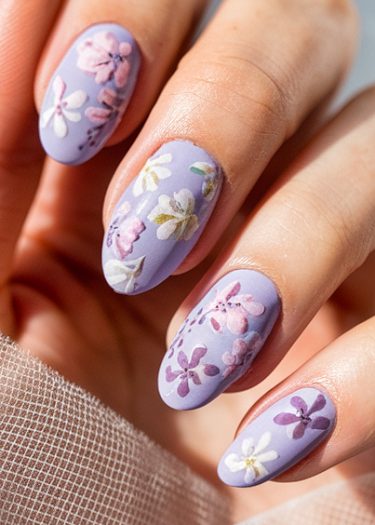 Intricate lavender nail art featuring delicate floral designs in pastel shades.