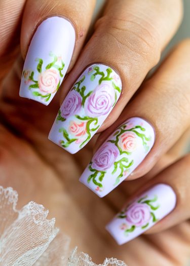 Elegant floral lavender nail art with hand-painted roses and intricate designs for dreamy aesthetics.