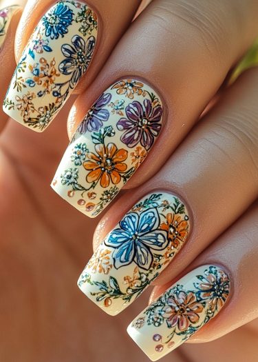 Beautiful floral nail art with vibrant colors on a creamy white background.