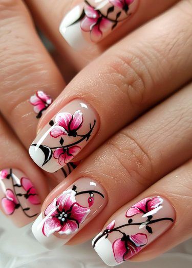 Elegant floral manicure design featuring intricate pink flowers and black detailing with rhinestone accents.