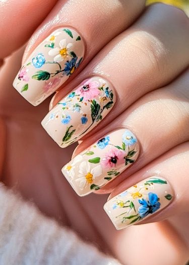 Exquisite floral nail art featuring vibrant hand-painted flowers on a creamy nude base.